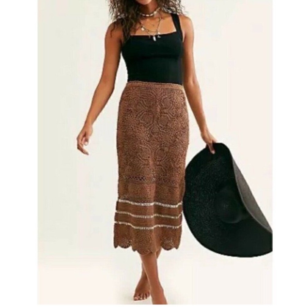 Free People Brown Crochet Knit Maxi Skirt Boho Tiered Scalloped Hem Medium